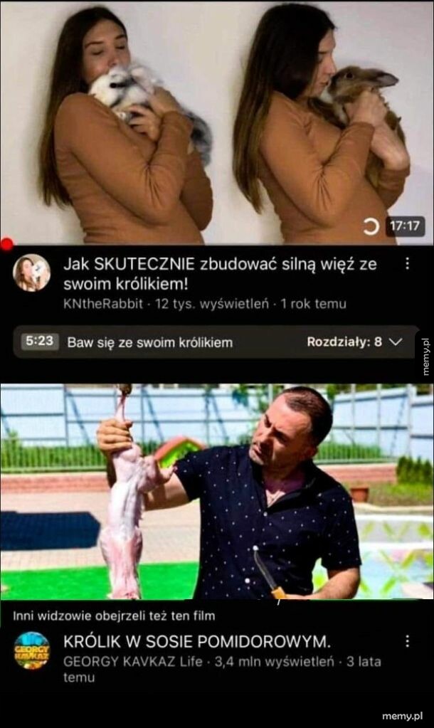 Porównanie miniatur filmów z YouTube: kobieta przytulająca królika i mężczyzna oprawiający tuszkę.