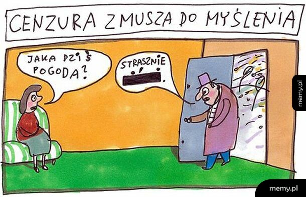 Rysunek satyryczny: kobieta pyta o pogody, mężczyzna odpowiada ocenzurowanym wulgaryzmem.