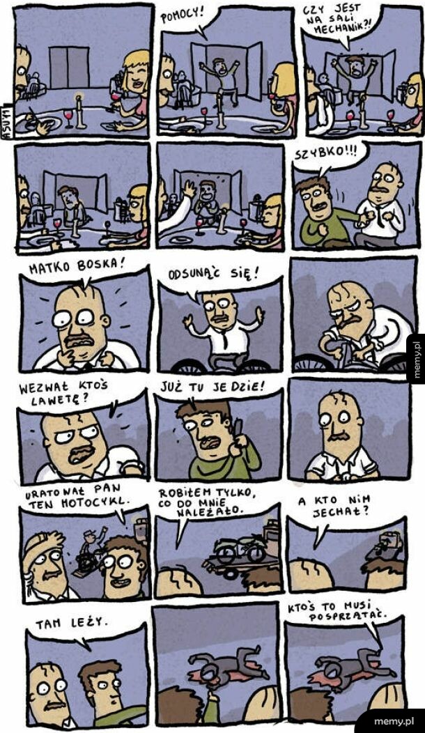 Komiks o mechaniku wezwanym do restauracji do wypadku motocyklowego