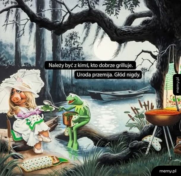 Miss Piggy i Kermit nad rzeką obok grilla, w tle księżyc i łódka