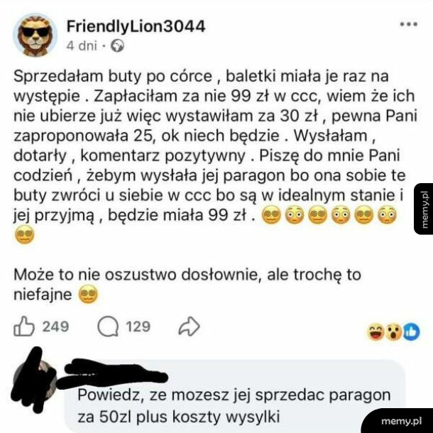 Zrzut ekranu posta z Facebooka o absurdalnej prośbie kupującej buty
