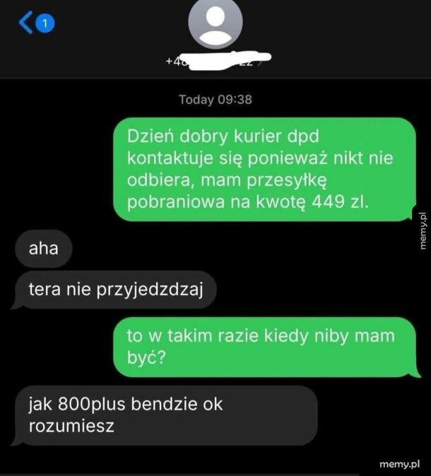 Zrzut ekranu z wiadomości SMS między kurierem a klientem.