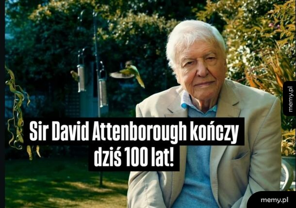 David Attenborough w ogrodzie z ptakami w tle