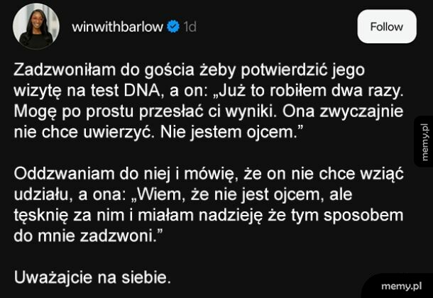 Zrzut ekranu posta z Twittera o absurdalnej sytuacji z testem DNA.