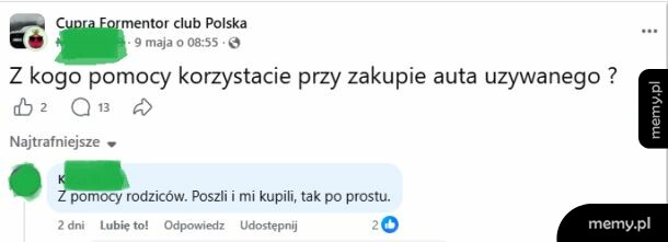 Zrzut ekranu z posta na Facebooku z pytaniem o pomoc przy zakupie auta.