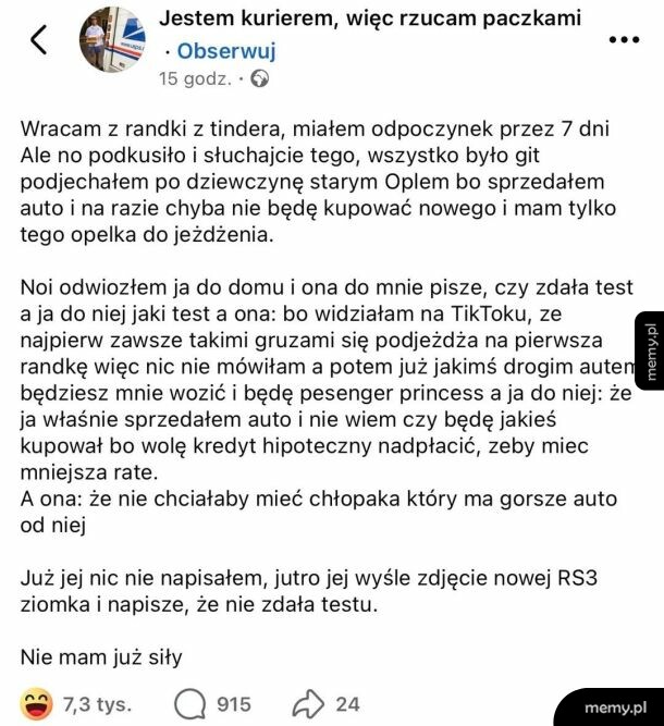 Zrzut ekranu posta z Facebooka opowiadającego o nieudanej randce z Tindera.
