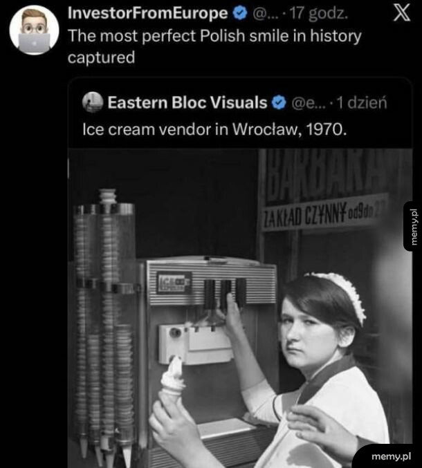 Czarno-biały mem z Twittera przedstawiający lodaciarkę we Wrocławiu w 1970 roku.