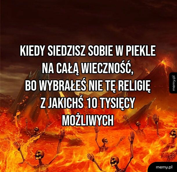 Szkielety w morzu ognia i lawy przedstawiające piekło.