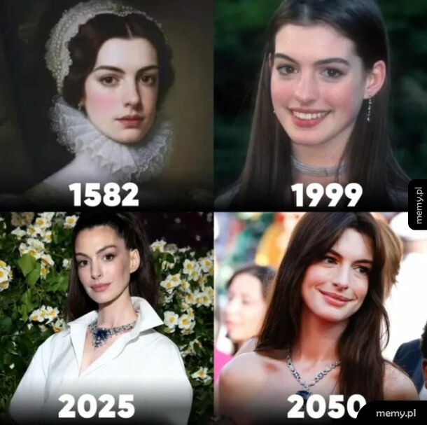 Cztery zdjęcia aktorki Anne Hathaway z różnych epok: 1582, 1999, 2025 i 2050.