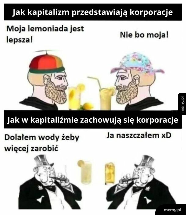 Mem porównujący idealistyczny kapitalizm korporacji z brutalną rzeczywistością.