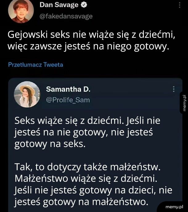 Zrzut ekranu z Twittera z wpisami użytkowników Dan Savage i Samantha D.