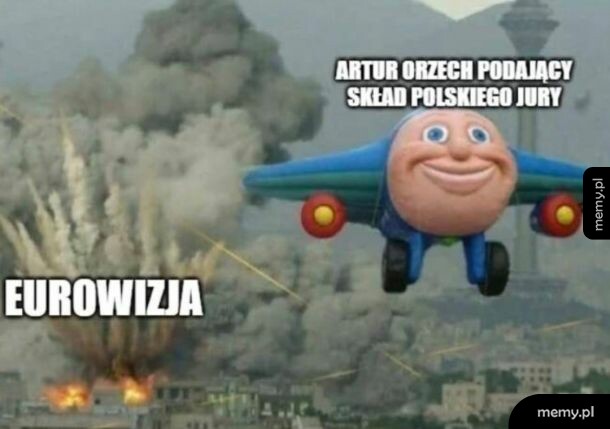 Mem z samolocikiem o twarzy człowieka lecącym na tle wielkiej eksplozji.
