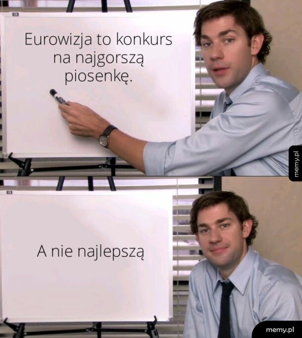 Mężczyzna pokazuje na tablicę z napisem o Eurowizji w dwóch kadrach