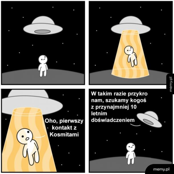 Komiks z UFO porywającym człowieka, który zostaje odrzucony z powodu braku doświadczenia.
