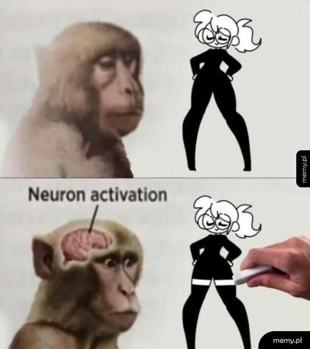 Mem z małpą i napisem Neuron activation patrzącą na rysunek dziewczyny.