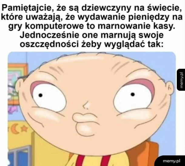 Mem z postaciam z bajki Głowa Stewie Griffin z dziwnym makijażem i przesadzonymi ustami.