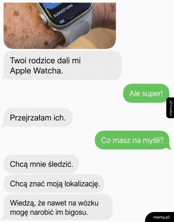 Zrzut ekranu z wiadomości tekstowych i zdjęcie zegarka Apple Watch na ręce.