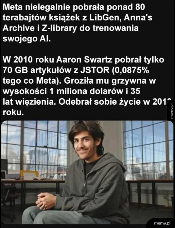 Mem z Aarone Swartz i informacją o pobieraniu danych przez Metę.