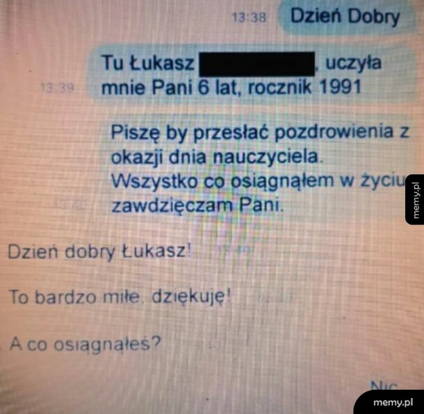Zrzut ekranu przedstawiający rozmowę SMS między byłym uczniem a nauczycielką.