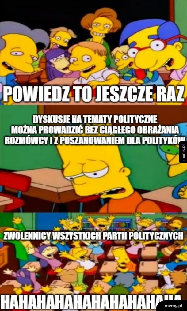 Mem z Simpsonami: Bart mówi naiwną rzecz o polityce, a klasa wybuja śmiechem.