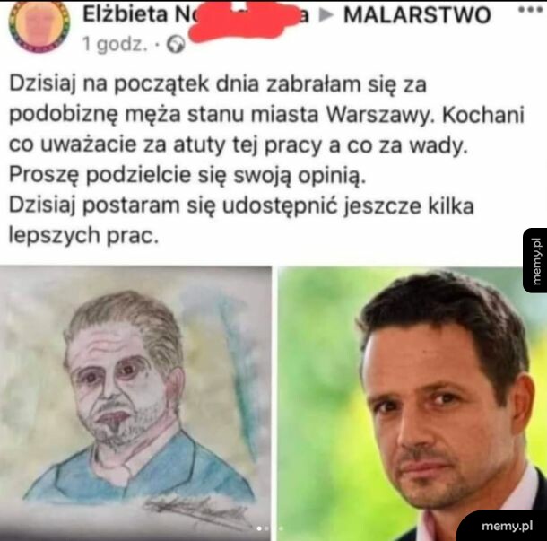 Porównanie karykaturalnego rysunku Rafała Trzaskowskiego z jego prawdziwym zdjęciem.