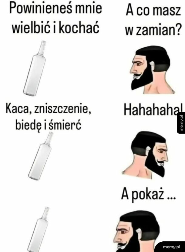 Mem z butelką wódki i postacią GigaChad.