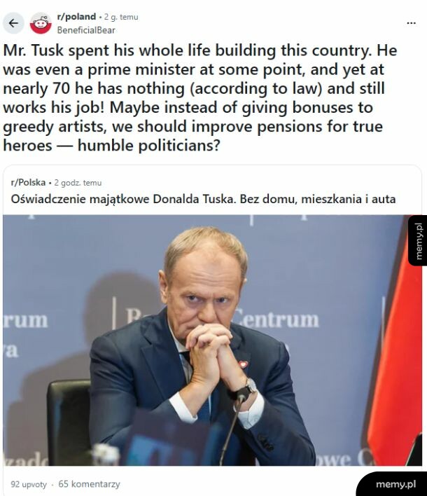 Zamyślony Donald Tusk opierający głowę na dłoniach, zrzut ekranu z Reddita.