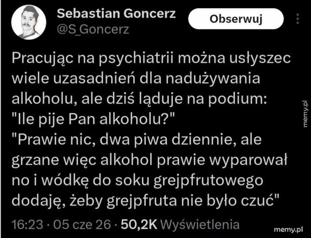 Zrzut ekranu z wpisu na Twitterze użytkownika Sebastian Goncerz o pracy na psychiatrii.