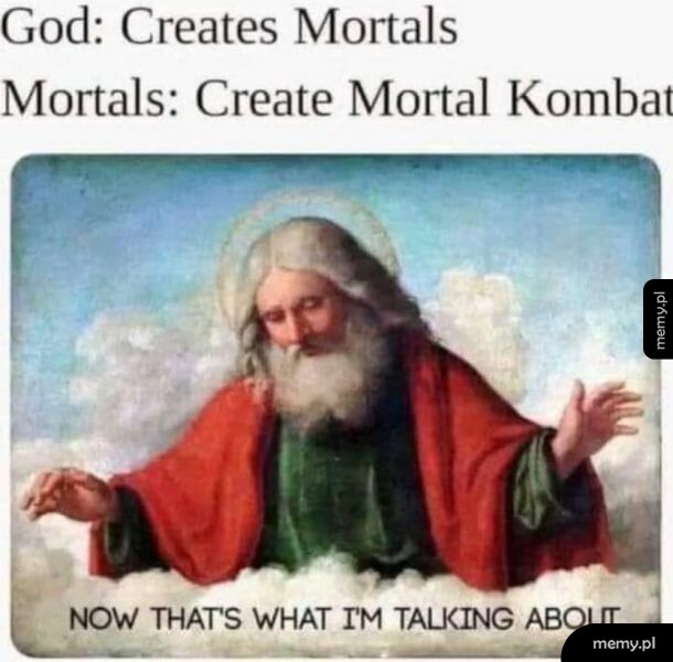 Mendirny obraz Boga w chmurach z podpisem o stworzeniu Mortal Kombat.