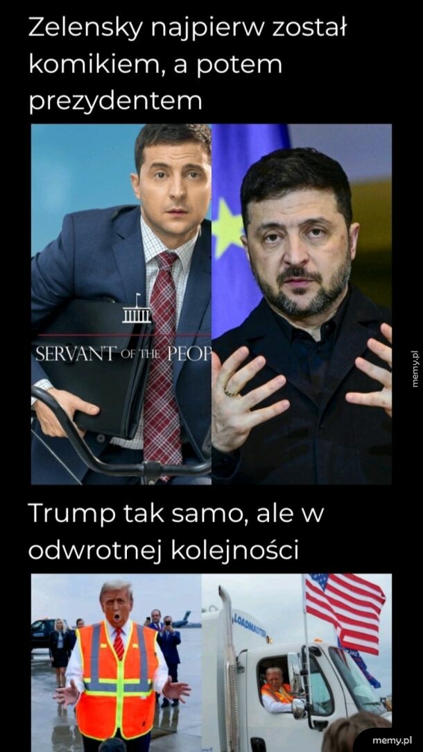 Memy porównujące karierę Wołodymyra Zełenskiego i Donalda Trumpa.