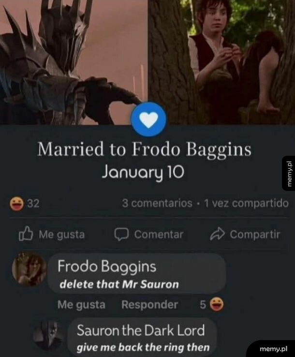 Mem z Facebooka przedstawiający konwersację Saurona i Froda Bagginsa.