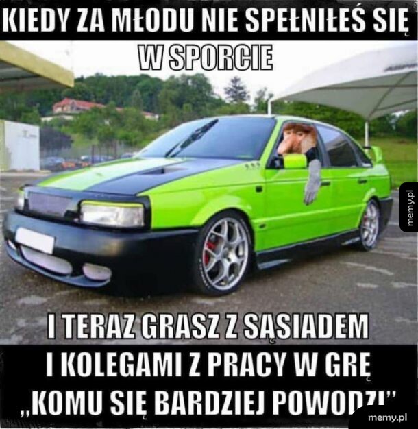 Zielony tuningowany samochód z postacią nosacza sundajskiego wychylającą się przez okno.