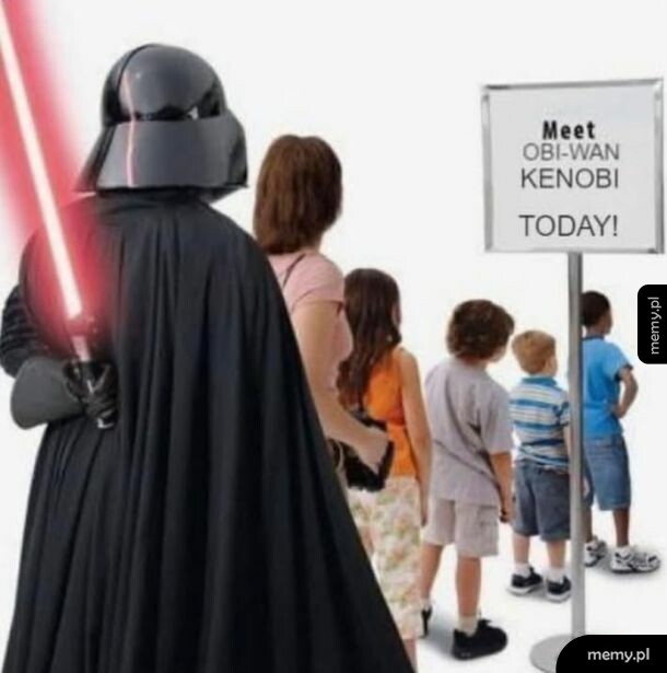 Darth Vader z mieczem świetlnym stoi w kolejce dzieci czekających na spotkanie z Obi-Wanem.