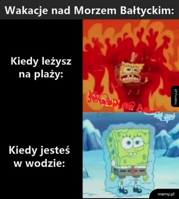 Mem ze SpongeBobem przedstawiający skrajne temperatury podczas wakacji nad Bałtykiem.