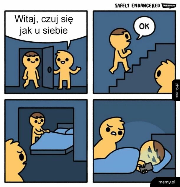 Komiks Safely Endangered: gość wchodzi do domu i traktuje gospodarza jak u siebie.