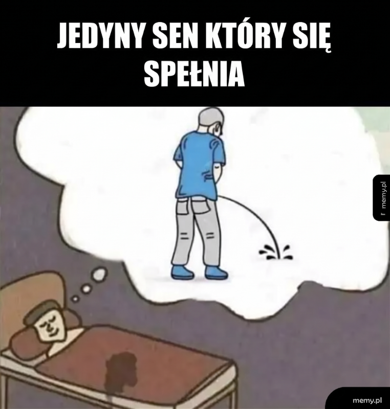 Mężczyzna śpi w łóżku i śni o sikaniu, co prowadzi do zmoczenia pościeli.